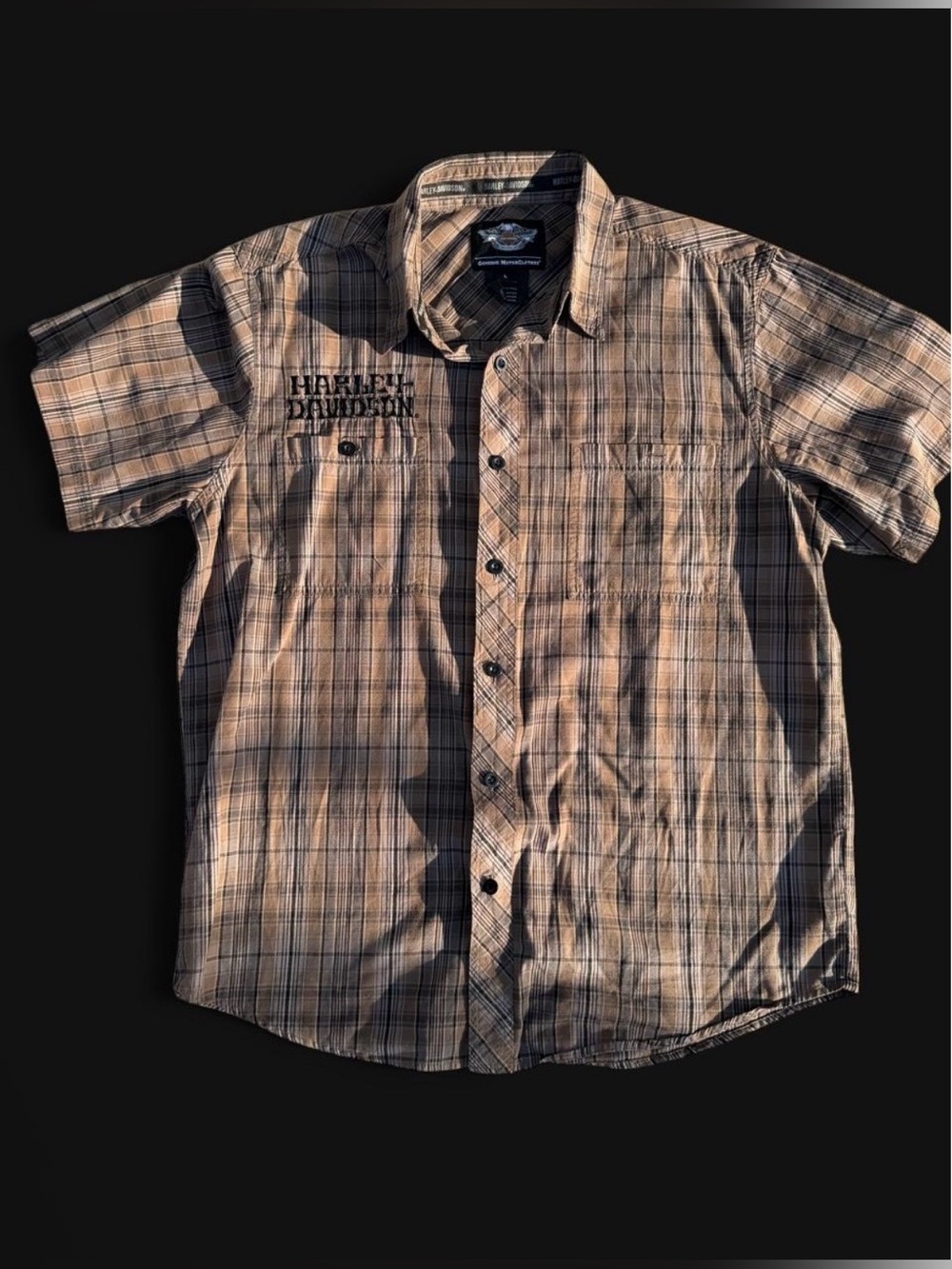 Harley-Davidson Tan and Black Plaid Short-Sleeve Button-Down Shirt